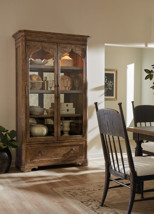 Hooker Furniture Americana Honey Display Cabinet With Antique Mirror Back, Adjustable Shelves, Lighting & Drawer 7050-75908-85