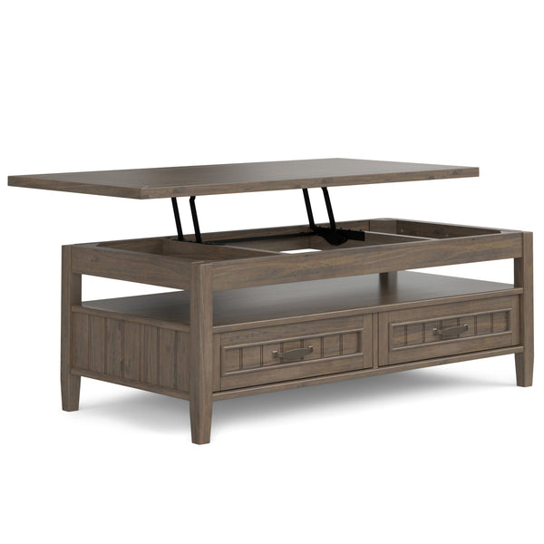English Elm Lev Lift Top Coffee Table in Smoky Brown Solid Wood with Storage, Drawers & Brushed Bronze Handles B136P158826