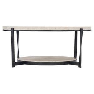 Bernhardt Bernhardt Travertine Cocktail Table 43" — Aged Pewter Twisted Steel Base, Lower Shelf, Durable Core 405015