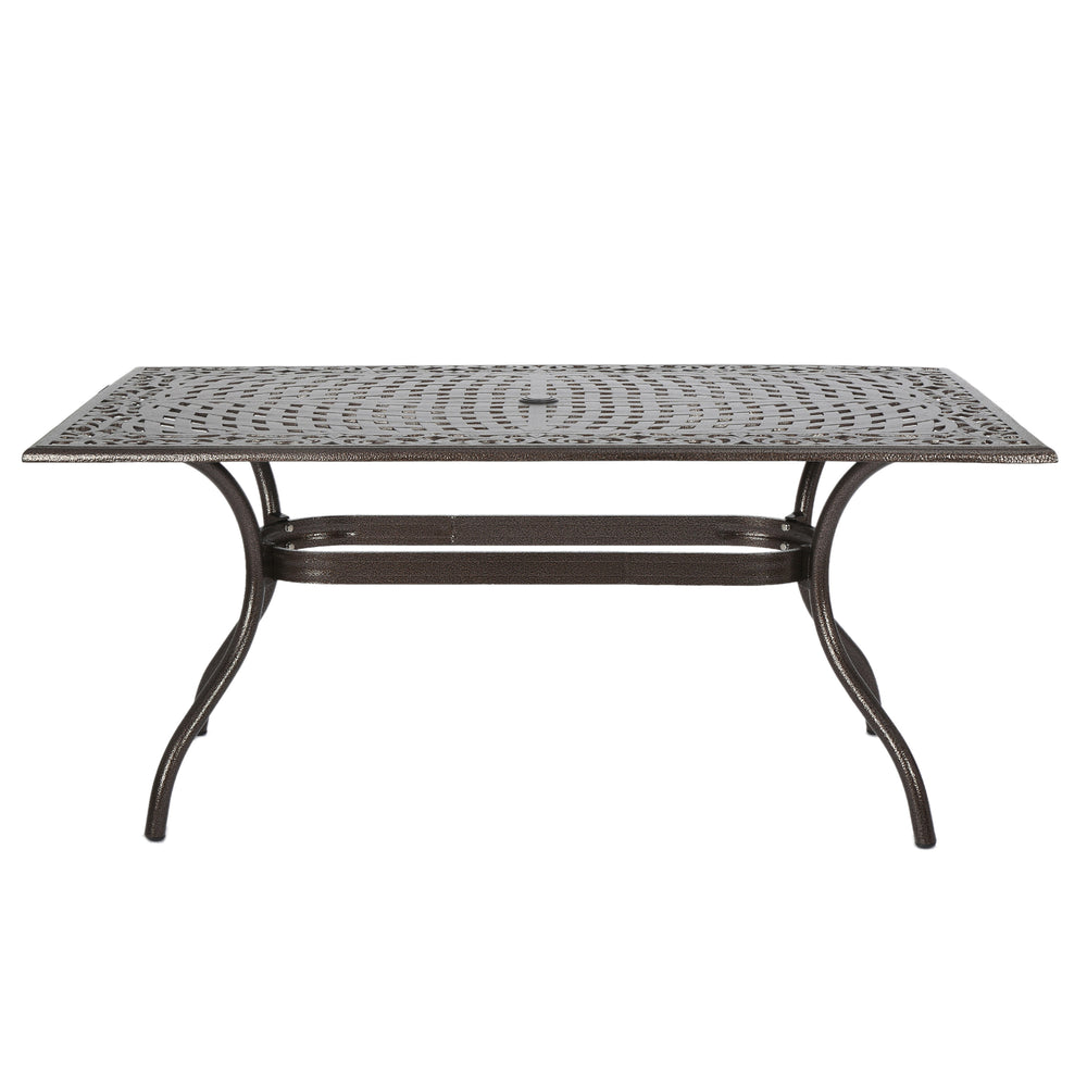 English Elm Christopher Knight Home® - PHOENIX Cast Aluminum Rectangle Dining Table with Floral Lattice, Umbrella Hole, Rust-Resistant Finish Bronze 69.75 L x 40.5 W x 4.75 H 57704.00