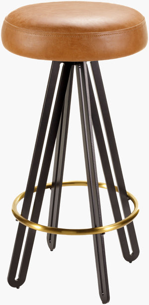 Surya Oberon 28"H Mid-century Modern Bar Stool With Leather Upholstery & Durable Steel Base For Comfort Upholstery, Brown,Base, Black Leather,Steel,Stainless Steel,Polyurethane Foam,Polyester,Polyfill Obe001-281515