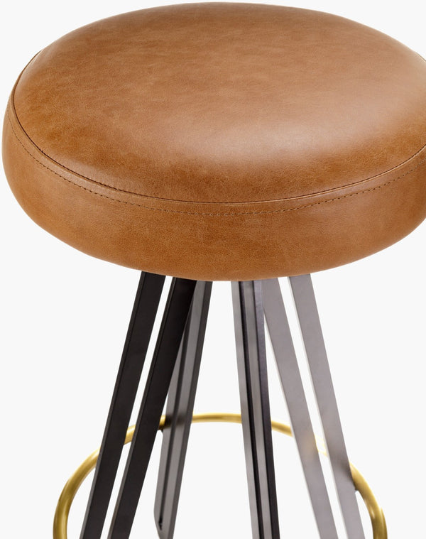 Surya Oberon 28"H Mid-century Modern Bar Stool With Leather Upholstery & Durable Steel Base For Comfort Upholstery, Brown,Base, Black Leather,Steel,Stainless Steel,Polyurethane Foam,Polyester,Polyfill Obe001-281515