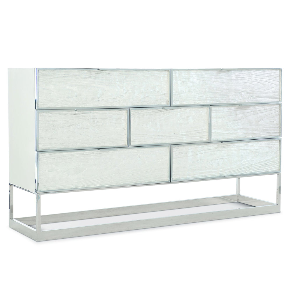 Bernhardt Bernhardt Parkhurst Dresser – High-Sheen White Lacquer, Polished Stainless Steel Frame, 7 Drawer Storage 382051