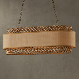 Isola Chandelier - Contemporary Khaki Wrought Iron Light with Natural Water Hyacinth & Grasscloth