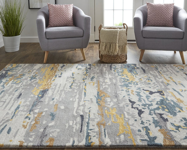 Feizy Rugs Everley Hand-tufted Wool Rug: Vibrant Abstract Design In Rich Hues For A Contemporary Style Home Gray,Yellow,Blue Wool Eve8644fgry000e10