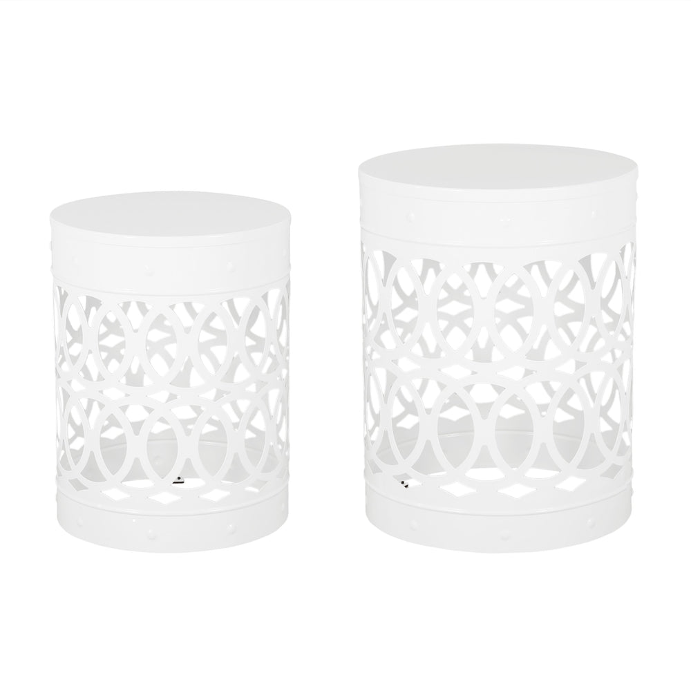 English Elm Outdoor Powder-coated Iron Nesting Accent Tables Set of 2 Laser-cut Circle Design White 73606.00WHI