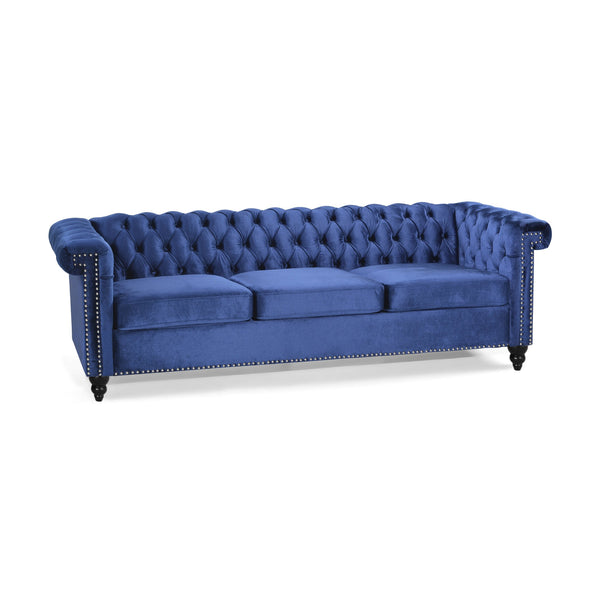 English Elm Christopher Knight Home® - SOFA Chesterfield-inspired 3-seater with deep button tufting, nailhead trim, low back and plush PU upholstery Blue 68326.00NVLTMDBLU