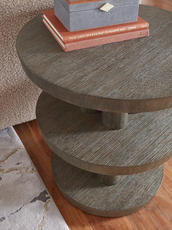 Hooker Furniture Modern Mood Round Side Table With Three-Tier Sculptural Oak Veneers, Wire-Brush Texture, Alabaster Pewter Finish Medium Brown 6850-80114-89