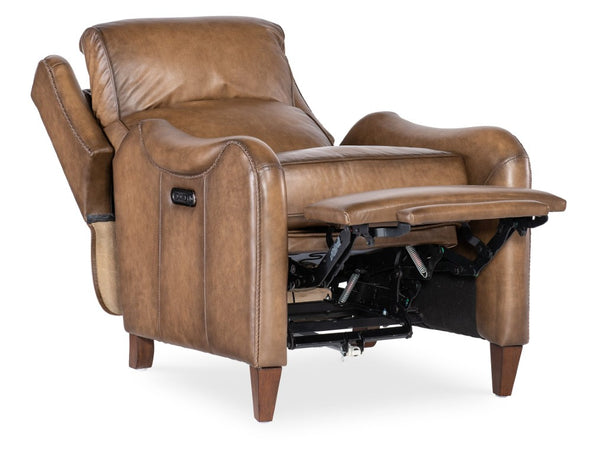 Hooker Furniture Carrington Power Recliner In Semi-Aniline Leather With Usb, Power Headrest & Sleek Transitional Style Brown RC819-PH-078