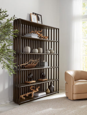 Hooker Furniture Retreat Slatted Bookcase With Oak Veneer, Curved Sides & Rope Accents For Coastal Modern Storage Dark Wood 6950-10446-99