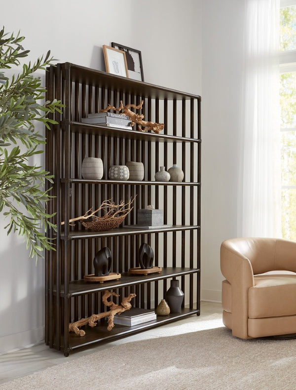 Hooker Furniture Retreat Slatted Bookcase With Oak Veneer, Curved Sides & Rope Accents For Coastal Modern Storage Dark Wood 6950-10446-99