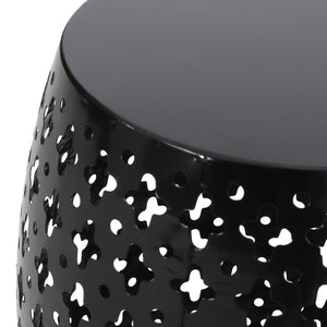 English Elm Metal Barrel End Table Powder Coated Iron Geometric Cut Indoor Outdoor Accent 73609.00BLK