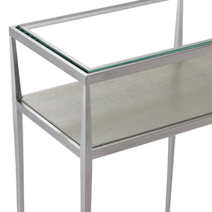Bernhardt Bernhardt Cornelia Console Table — 72"W Tempered Glass Top, Brushed Stainless Frame, Nebbia Wood Shelf 331910