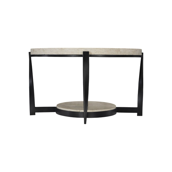 Bernhardt Bernhardt Oval Berkshire Cocktail Table 53" – White Travertine Top, Aged Pewter Twisted Steel Base 405013