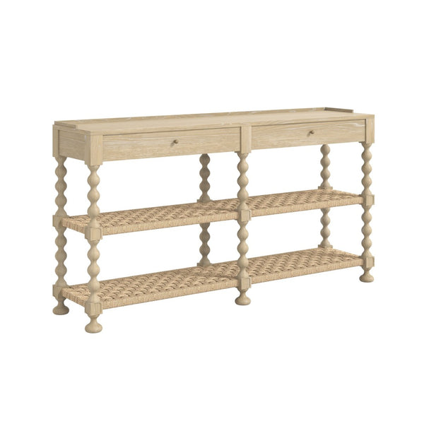 A.R.T. Furniture Haven Console Table with Rustic Sun Oak Finish, Vintage Charm, Drawers & Woven Rattan Shelves 339307-2325