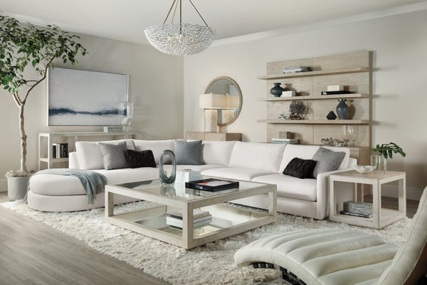 Hooker Furniture Cascade Pebble Beach Console Table 76" Wide, 16" Deep — Lacquered Burlap Finish, Champagne Inlay, Slim Storage 6120-85003-05