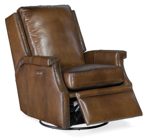 Hooker Furniture Collin Charcoal Aniline Leather Power Swivel Glider Recliner With Nailhead Trim And Plush Support Medium Brown RC379-PSWGL-083