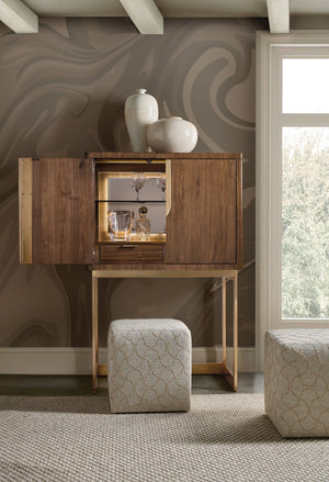 Hooker Furniture Eleana Light Caramel Walnut Bar On Stand With Sunlit Bronze Accents, Backlit Cabinet & Adjustable Shelves 7252-50160-85