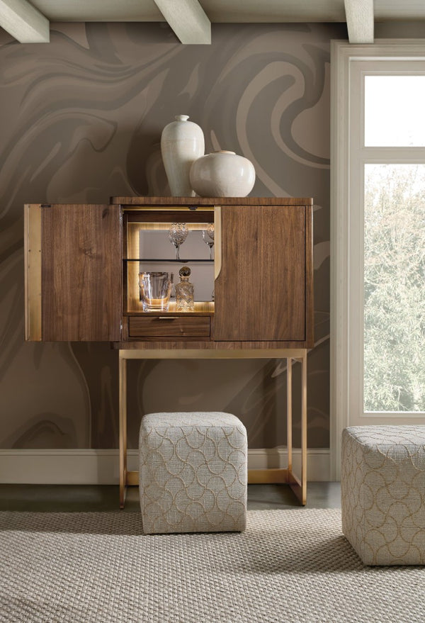 Hooker Furniture Eleana Light Caramel Walnut Bar On Stand With Sunlit Bronze Accents, Backlit Cabinet & Adjustable Shelves 7252-50160-85