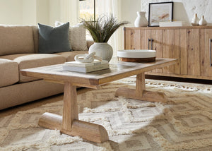 Hooker Furniture Vineyard Pedestal Rectangle Cocktail Table With Honed Gray Travertine Top, Sonoma Finish, Coastal Charm 6952-80310-80