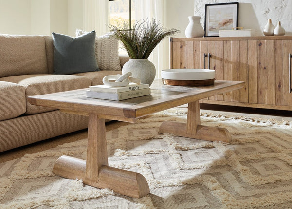 Hooker Furniture Vineyard Pedestal Rectangle Cocktail Table With Honed Gray Travertine Top, Sonoma Finish, Coastal Charm 6952-80310-80