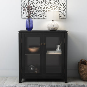 English Elm Cosmopolitan Black Low Storage Cabinet with Tempered Glass Doors, Adjustable Shelves & Bronze Knobs B136P158550