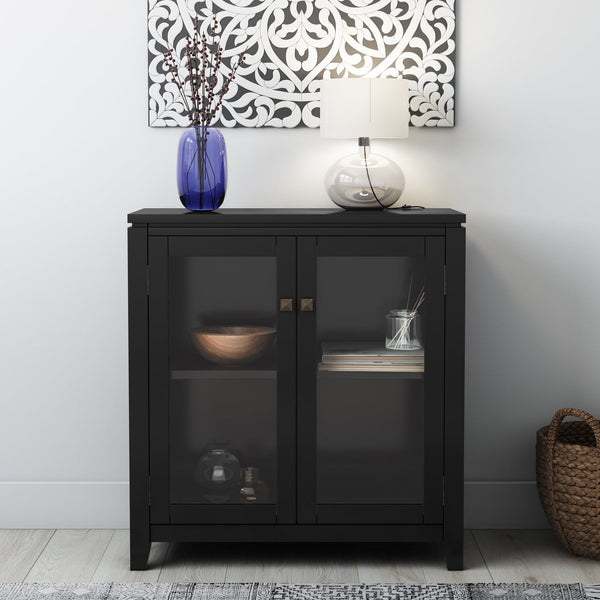 English Elm Cosmopolitan Black Low Storage Cabinet with Tempered Glass Doors, Adjustable Shelves & Bronze Knobs B136P158550