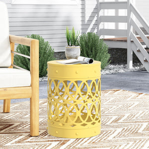 English Elm Outdoor Powder-coated Iron End Table with Geometric Cutout Design for Patio Lounging Yellow 73607.00YLW