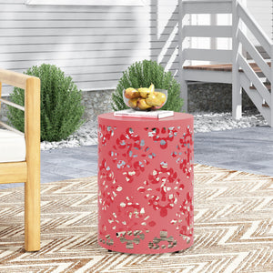 English Elm Outdoor Iron Accent Table Laser Cut Floral Cylinder Design for Patio or Balcony Coral 73605.00DCRL