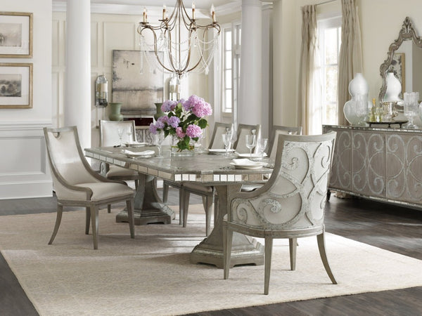 Hooker Furniture Sanctuary Shimmer Bouclé Side Chair With Scrolled Fretwork Back, Epoque Oak Finish, Plush Comfort 5603-75410-LTBR