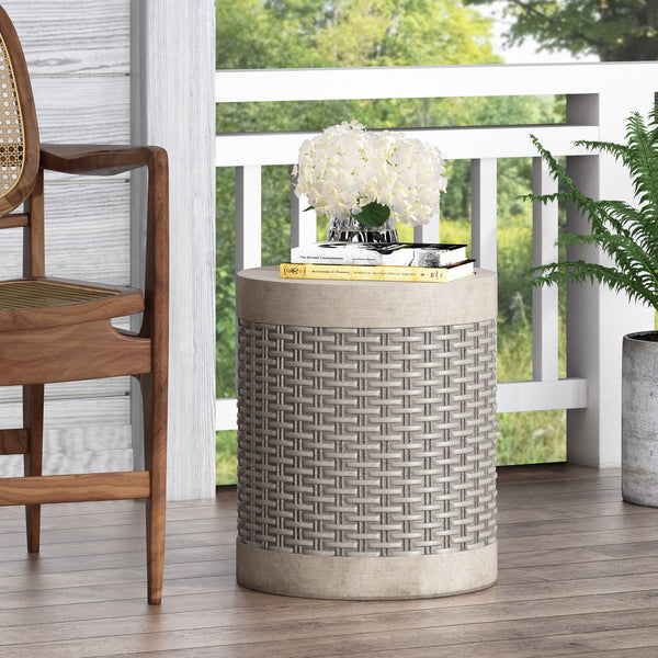 English Elm Outdoor Concrete Round Side Table Basket Weave Texture Patio Balcony Accent 73432.00