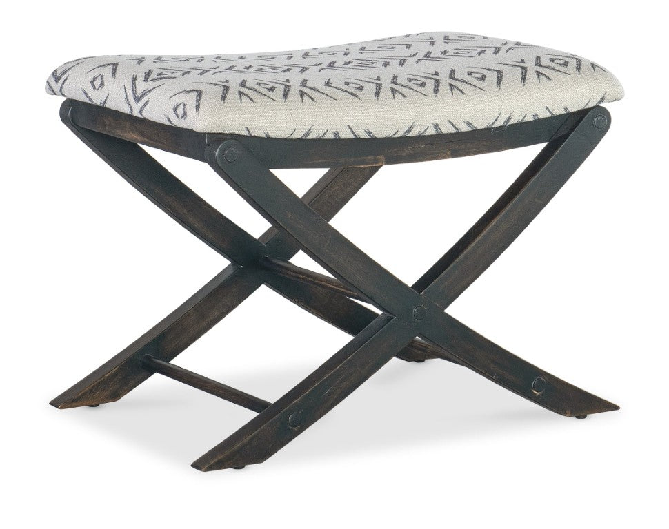 Hooker Furniture Retreat Jafar Grey Upholstered Camp Stool Bench With Black Sand X‑Base, Patterned Fabric & Glides 6950-90119-99