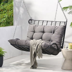English Elm Christopher Knight Home® - ARRUDA Wicker Porch Swing with Water-Resistant Cushions, Iron Frame, Boho Outdoor Hanging Seat, 800 lb Capacity Grey 70653.00GRY