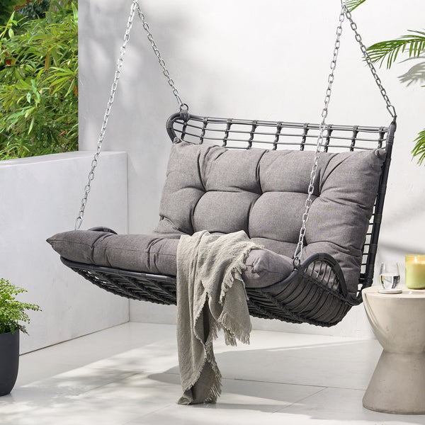 English Elm Christopher Knight Home® - ARRUDA Wicker Porch Swing with Water-Resistant Cushions, Iron Frame, Boho Outdoor Hanging Seat, 800 lb Capacity Grey 70653.00GRY