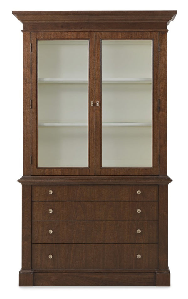 Hooker Furniture Archives Display Cabinet With Cathedral Walnut Veneer, Touch Led, Satin Brass Hardware & Storage 6123-75906-89