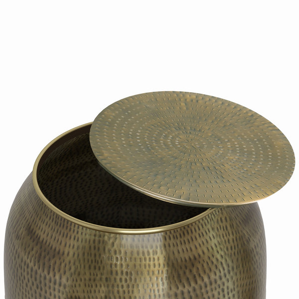 English Elm Griffen Handcrafted Metal Storage Accent Table with Removable Top, Hammered Antique Copper Finish, Multipurpose End Table Gold B136P158972
