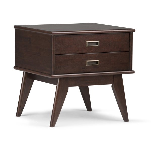 English Elm Draper Mid-Century Side Table - Handcrafted Solid Rubberwood With 2 Drawers In Medium Auburn Brown B136P158149
