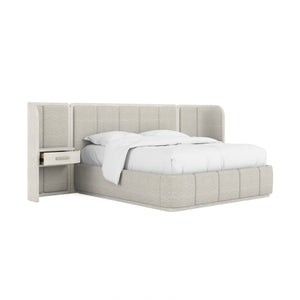 A.R.T. Furniture Ashlar Upholstered Wall Panel Bed With Floating Drawer And Dimmer Light In Coastal Modern Style White, Beige Parawood Solids,Birch Veneers,Foam,Fabric,Metal 333125-2250wn