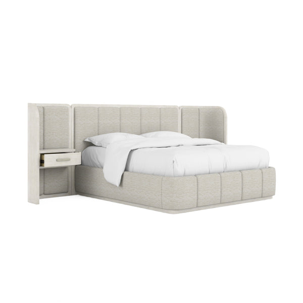 A.R.T. Furniture Ashlar Upholstered Wall Panel Bed With Floating Drawer And Dimmer Light In Coastal Modern Style White, Beige Parawood Solids,Birch Veneers,Foam,Fabric,Metal 333125-2250wn
