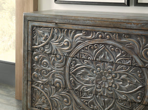 Hooker Furniture La Grange Lockhart Three-Drawer Chest In Blue Bonnet Finish — Pecky Hickory, Carved Vintage Charm, Storage 6960-50007-45