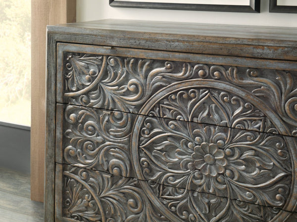 Hooker Furniture La Grange Lockhart Three-Drawer Chest In Blue Bonnet Finish — Pecky Hickory, Carved Vintage Charm, Storage 6960-50007-45