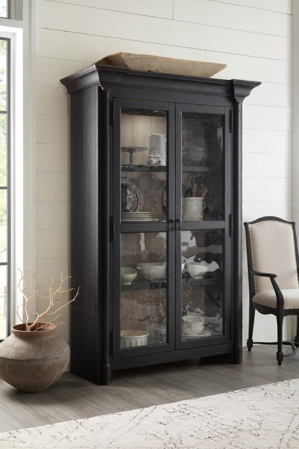 Hooker Furniture Ciao Bella Two-Door Display Cabinet In Distressed Black With Beveled Glass, Adjustable Shelves, Brass Pulls 5805-75906-99