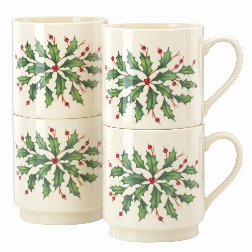 Lenox Hosting the Holidays 4-Piece Stackable Mug Set Red & Green, IVORY STONEWARE 853763