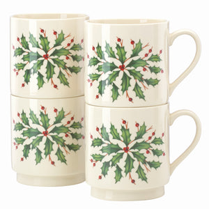 Lenox Hosting the Holidays 4-Piece Stackable Mug Set Red & Green, IVORY STONEWARE 853763