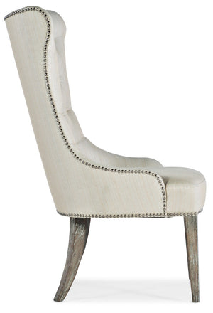 Hooker Furniture Sanctuary Hostesse Upholstered Chair — Wingback Tufted Dining Accent With Metal Diamond Fabric, Nailhead Trim, Le Sable Finish (45"H) 5865-75415-80