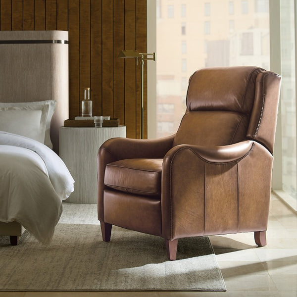 Hooker Furniture Carrington Power Recliner In Semi-Aniline Leather With Usb, Power Headrest & Sleek Transitional Style Brown RC819-PH-078