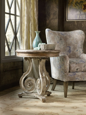 Hooker Furniture Chatelet Caramel Froth Scroll Accent Table With Pecky Pecan Veneer, Distressed Vintage Charm, 28"H 5351-50002