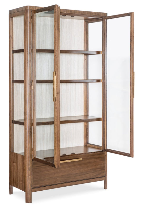 Hooker Furniture Eleana Walnut Display Cabinet With Beveled Glass, Touch Led Lighting, Grass-Cloth Back, Sunlit Bronze Hardware 7252-75906-85