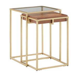 Homelegance By Top-Line Piper Square Nesting Tempered Glass Top Accent Tables with Gold Metal Base Natural Engineered Wood