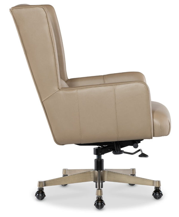 Hooker Furniture Primrose Executive Swivel Tilt Chair With Top-Grain Leather, Gold Metal Base, Ergonomic Wingback Comfort Beige EC826-070